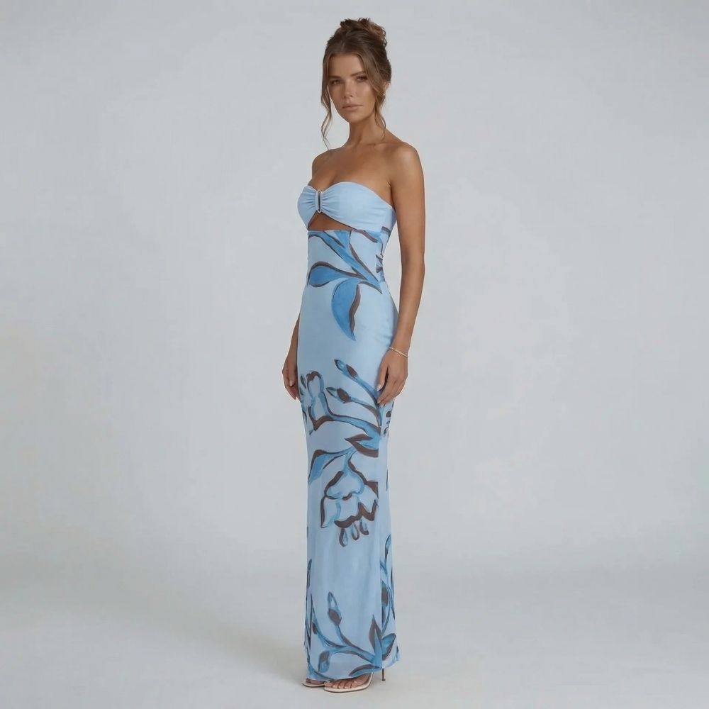 Blue strapless cutout maxi dress with floral print — side view