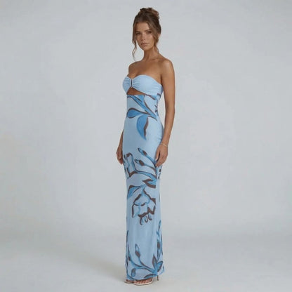 Blue strapless cutout maxi dress with floral print — side view