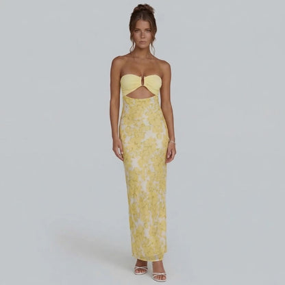 Yellow strapless cutout maxi dress with floral print — front view full-length