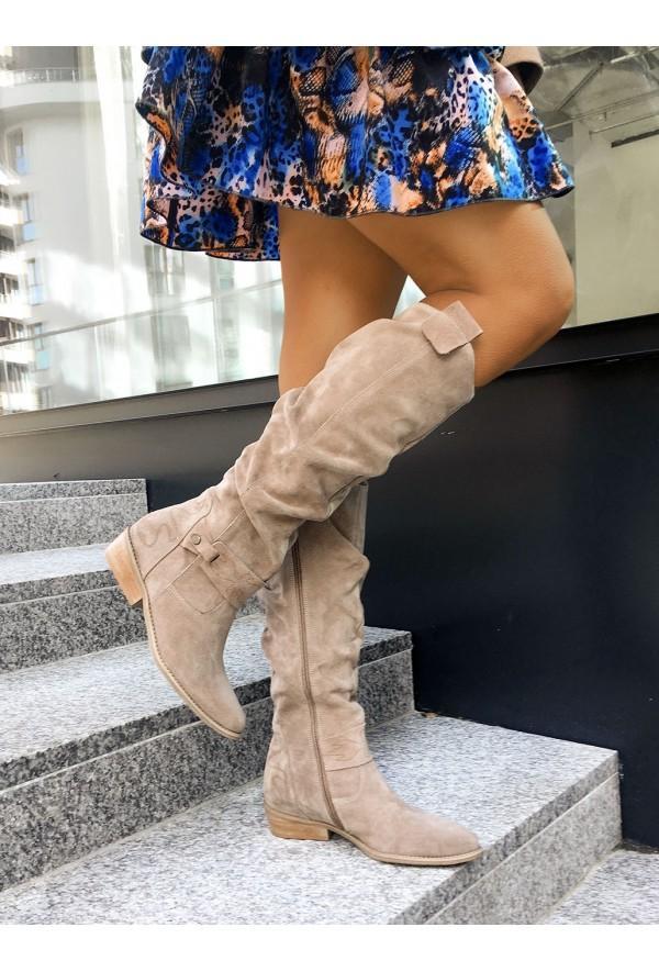Willa Tall Suede Boots in Beige