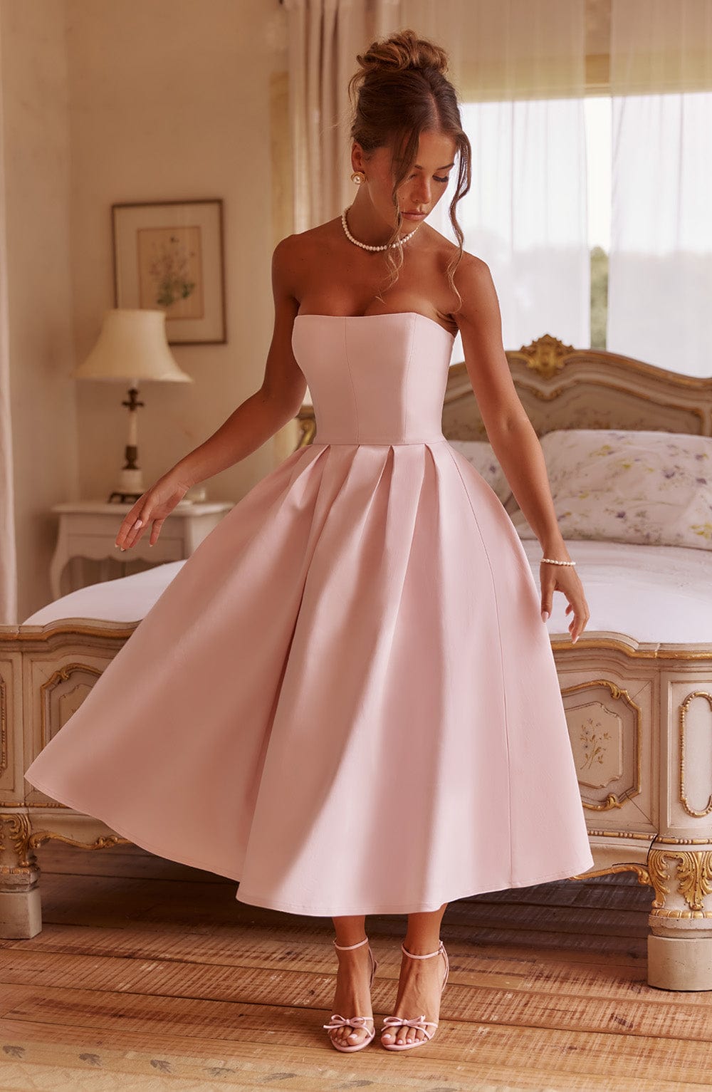 Women strapless midi dress, back view