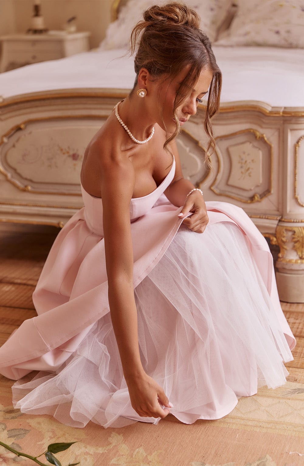 Women strapless midi dress, side view