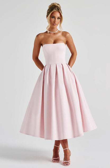 Women strapless midi dress, side view