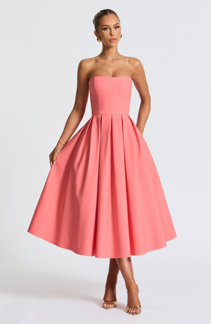 Women pink strapless midi dress, front view