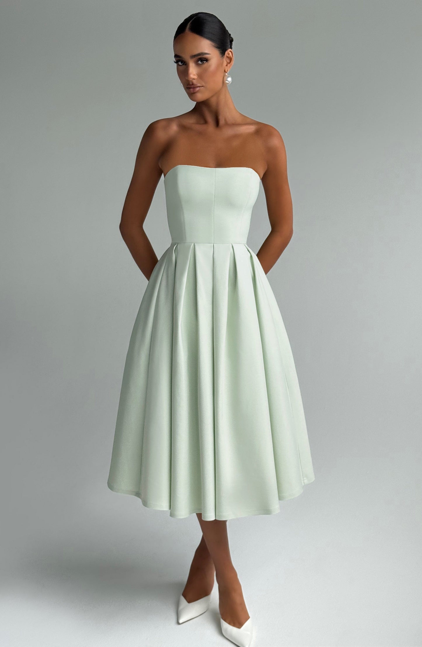 Women strapless midi dress, back view