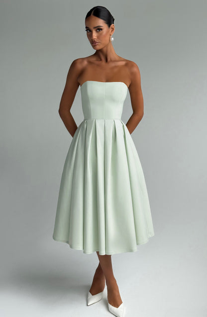 Women strapless midi dress, back view