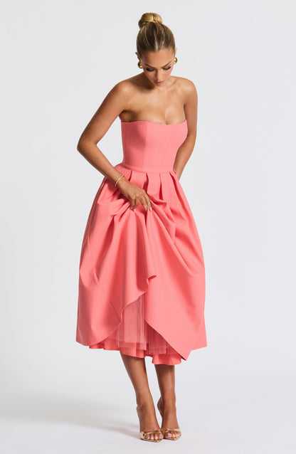 Women pink strapless midi dress, detail close-up
