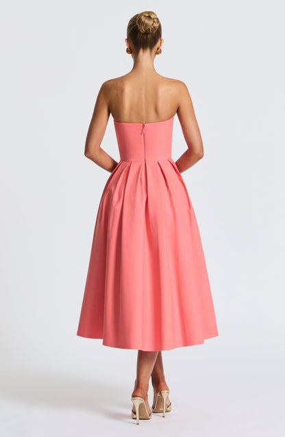 Women pink strapless midi dress, front view