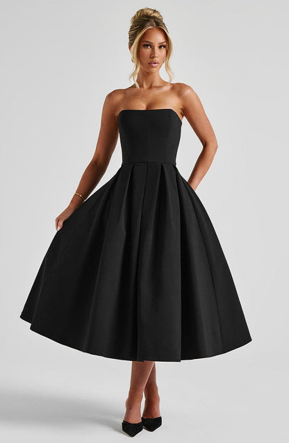 Women black strapless midi dress, detail close-up