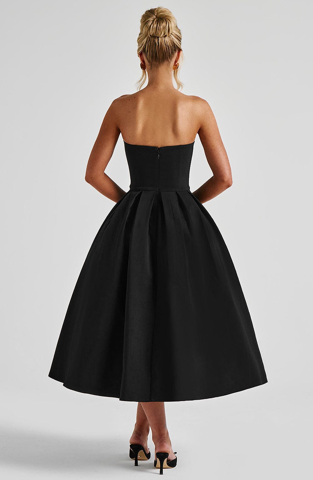Women black strapless midi dress, front view