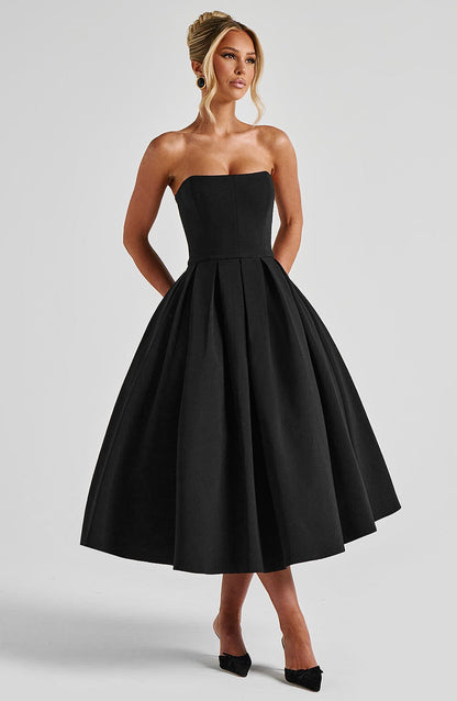 Women black strapless midi dress, side view