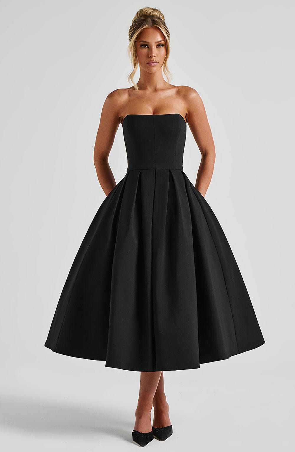 Women black strapless midi dress, detail close-up
