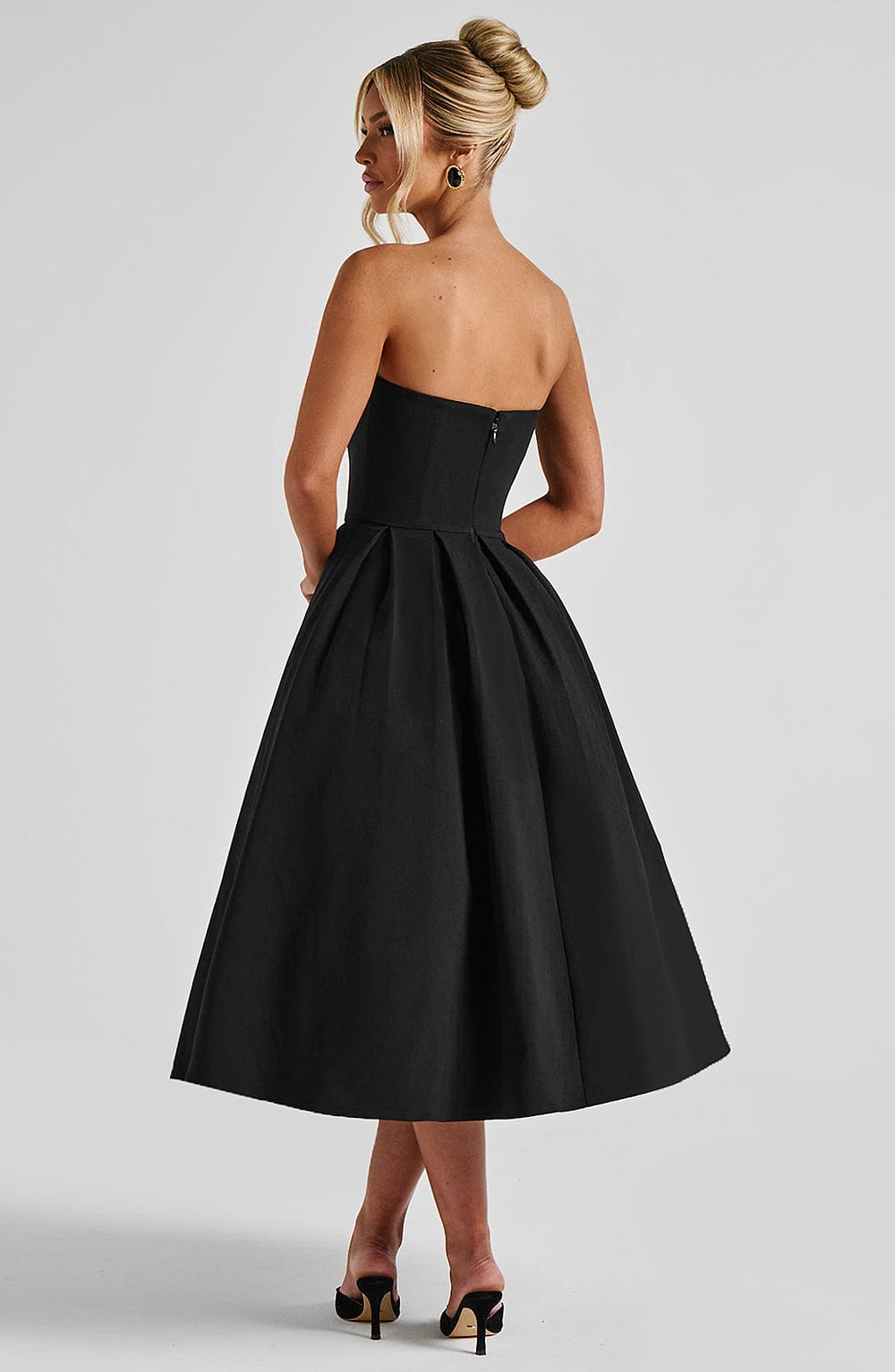 Women black strapless midi dress, front view
