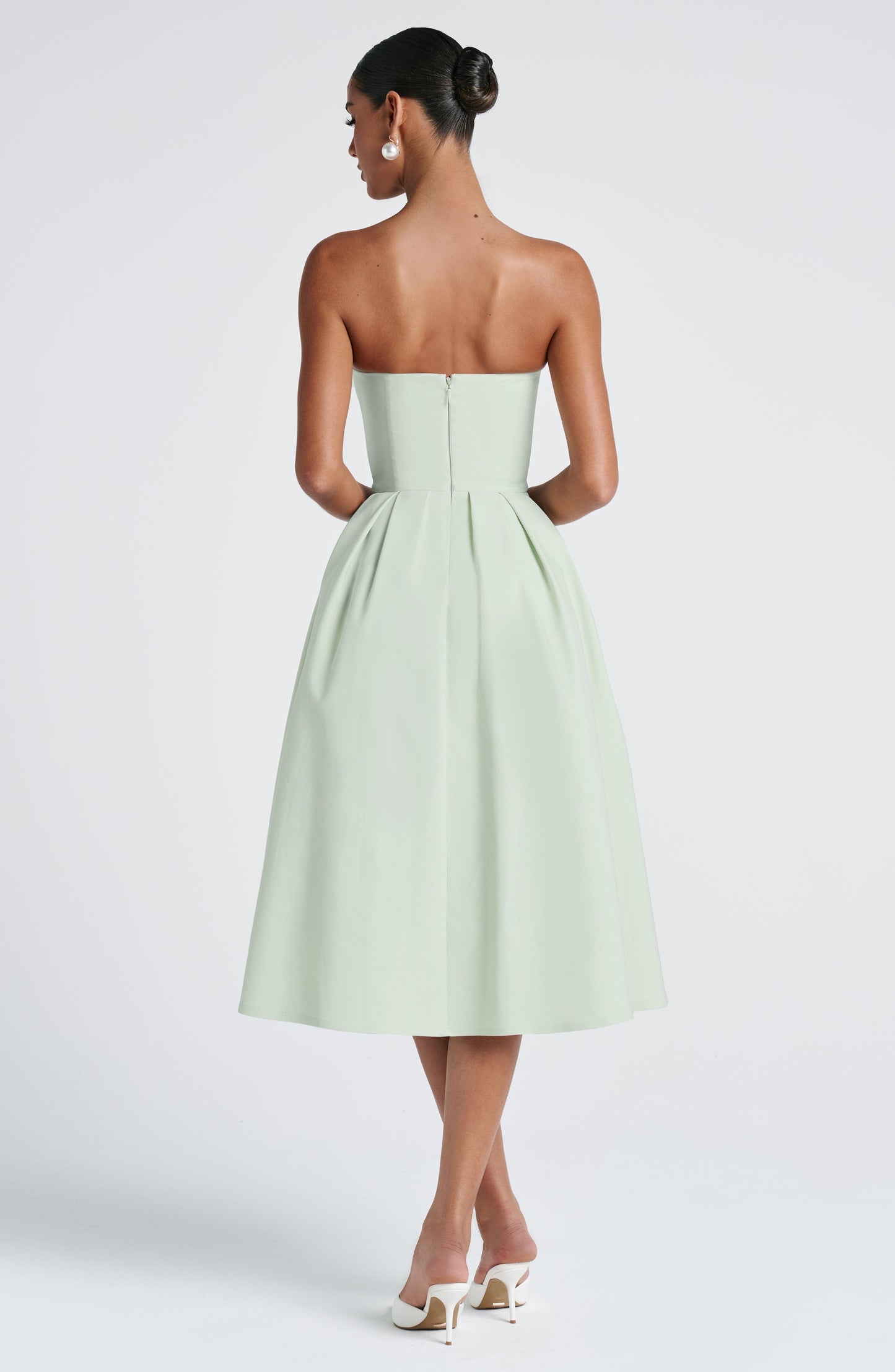 Women strapless midi dress, side view