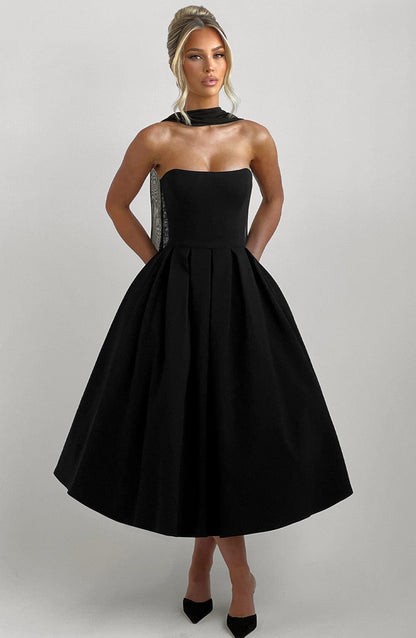 Women black strapless midi dress, back view