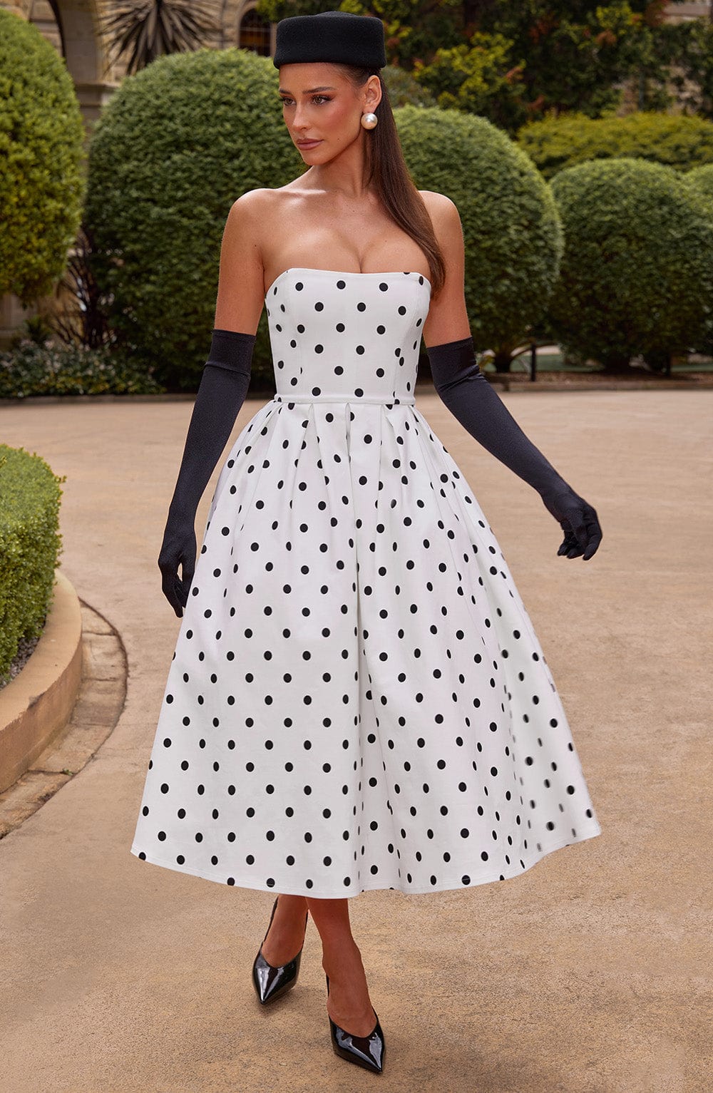 Women black strapless midi dress, detail close-up