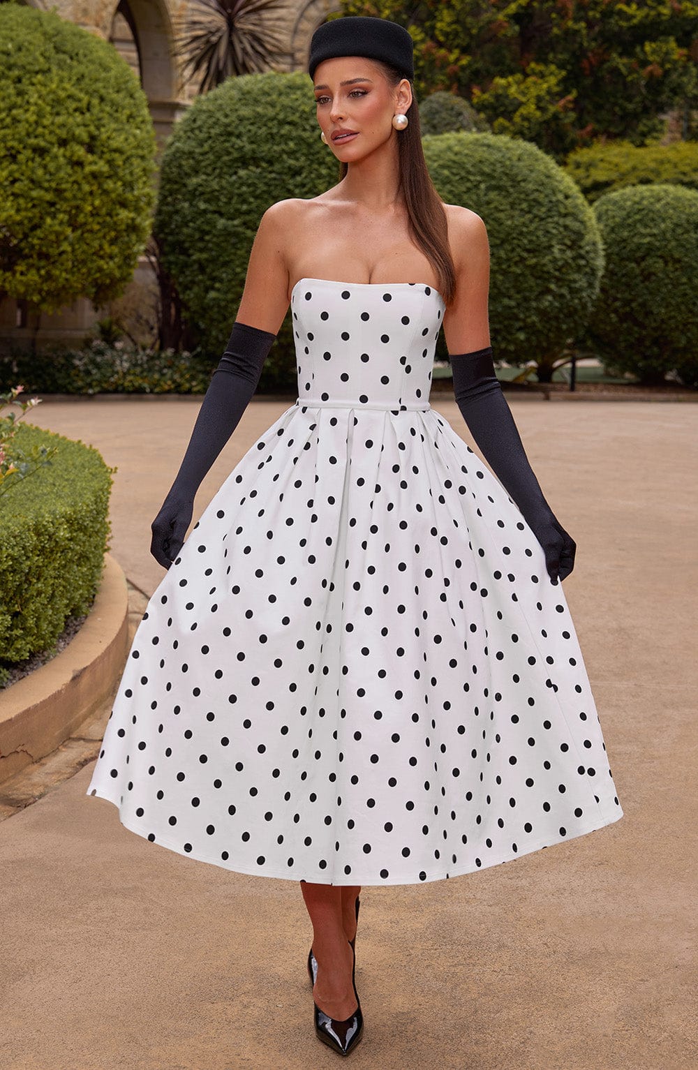 Women black strapless midi dress, front view