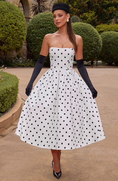 Women black strapless midi dress, front view