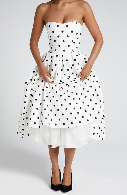 Women black strapless midi dress, back view