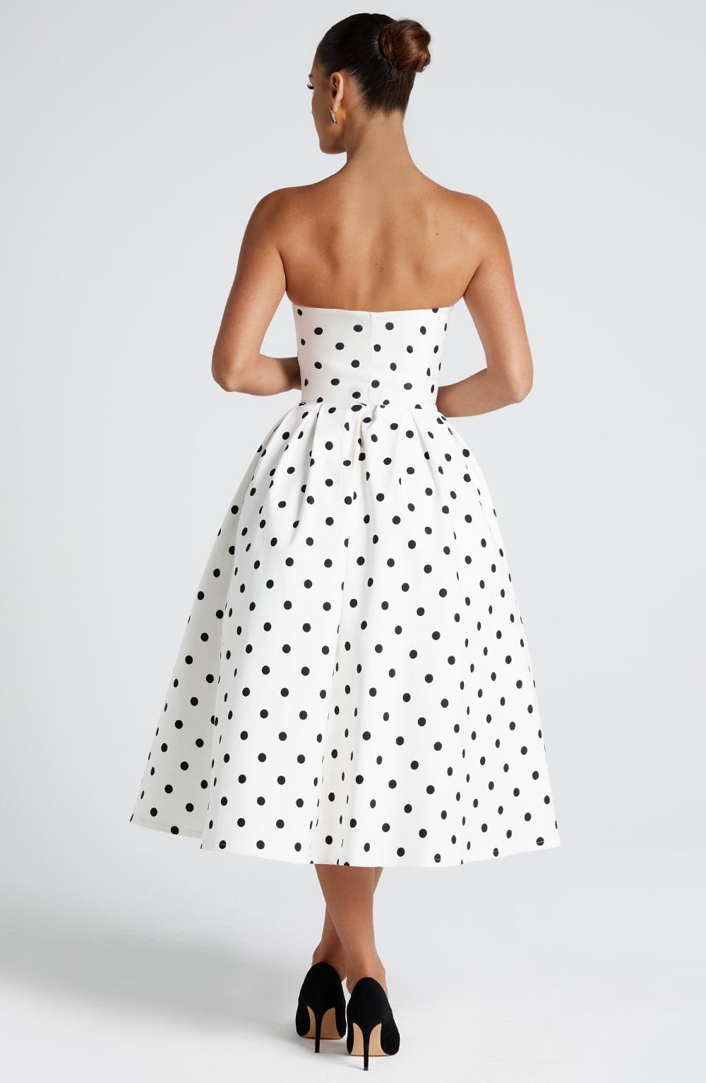 Women black strapless midi dress, side view