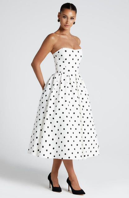 Women black strapless midi dress, detail close-up