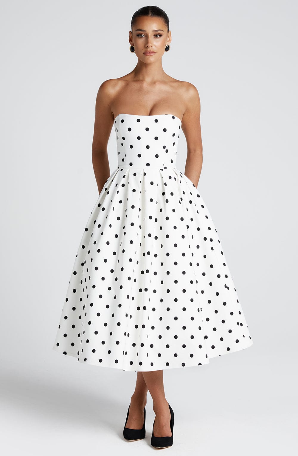 Women black strapless midi dress, front view