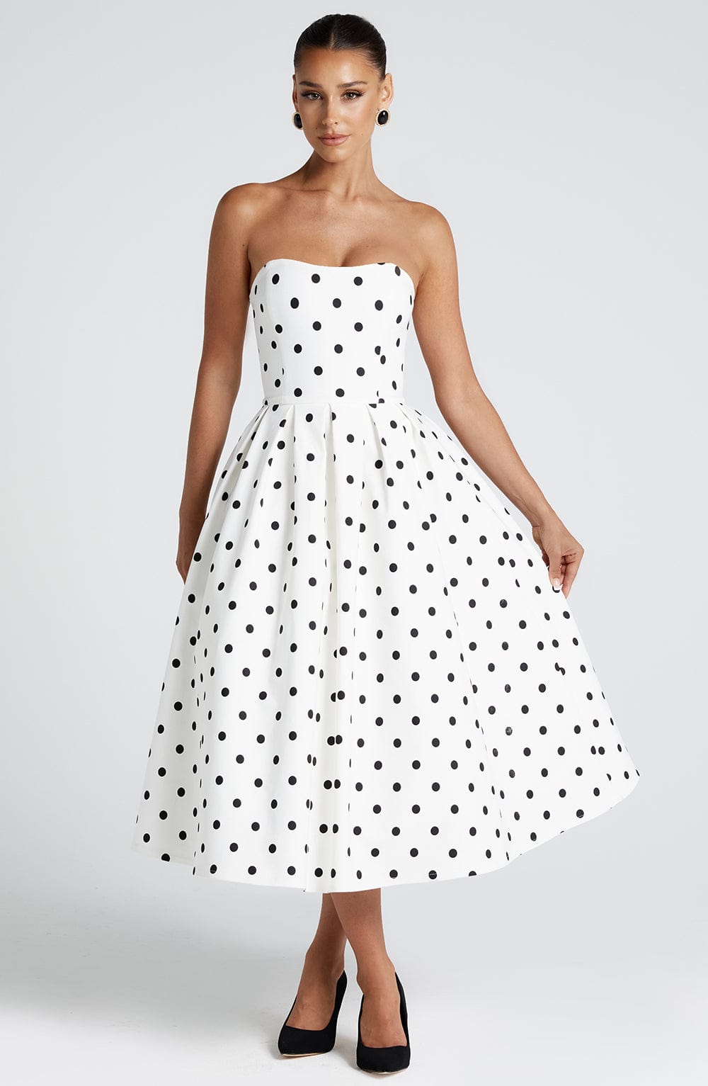 Women black strapless midi dress, back view