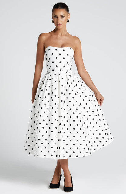 Women black strapless midi dress, back view