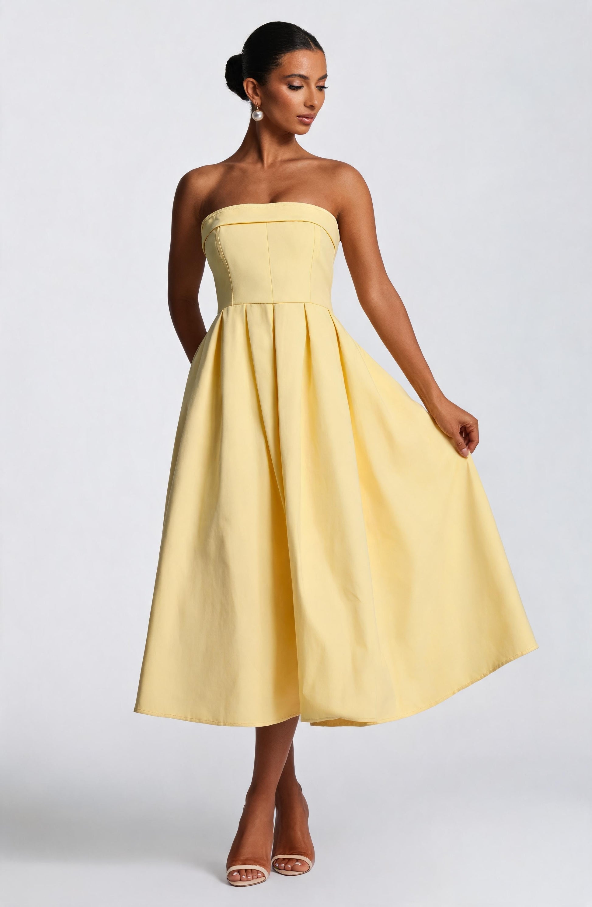 Women strapless midi dress, side view