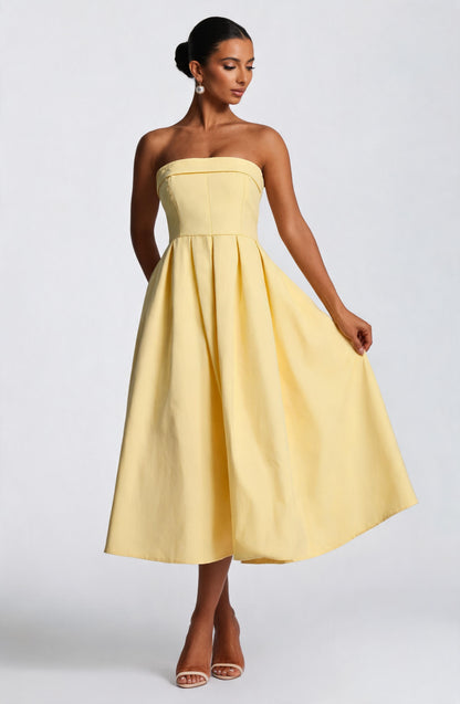 Women strapless midi dress, side view