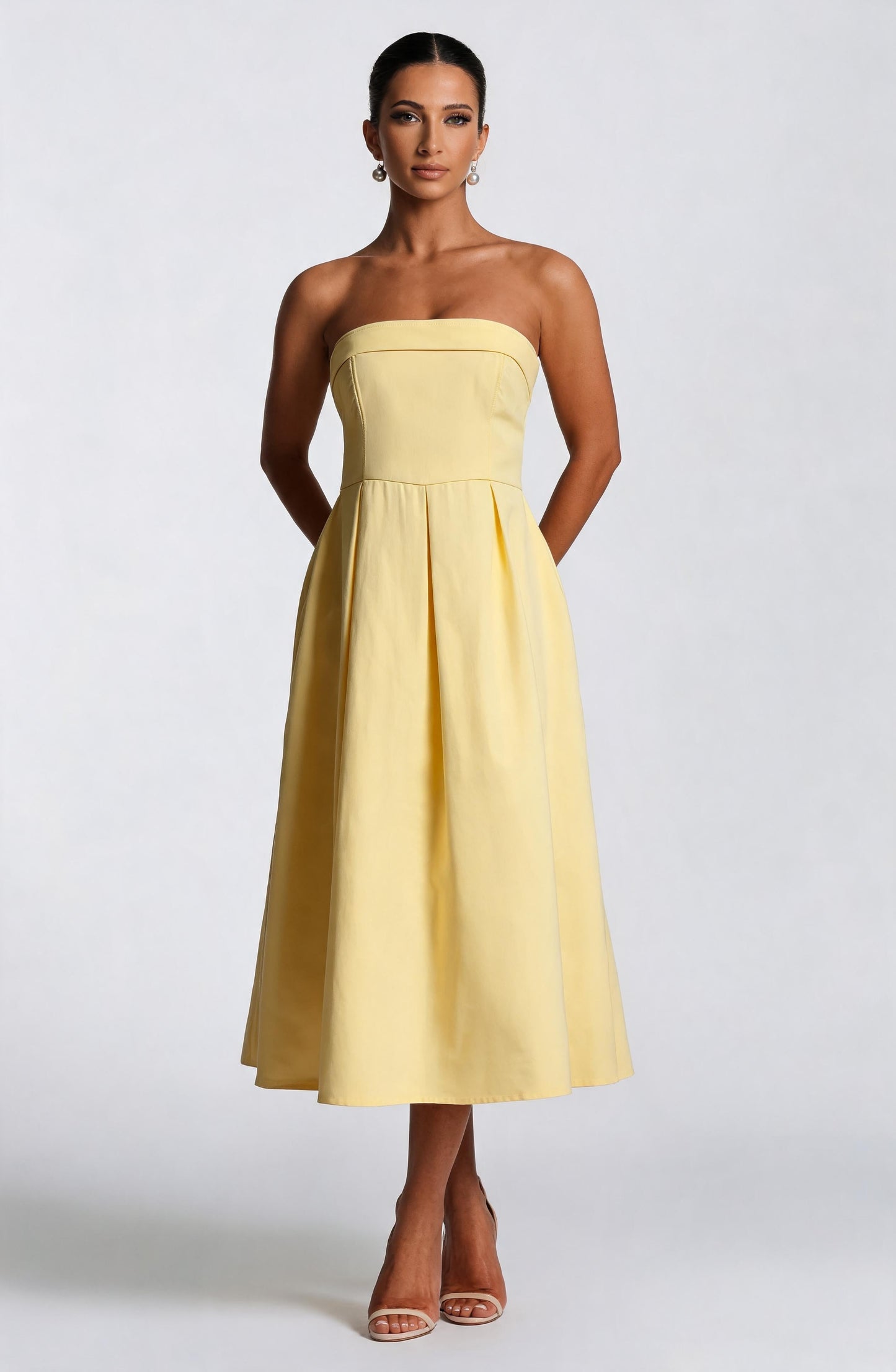 Women strapless midi dress, side view
