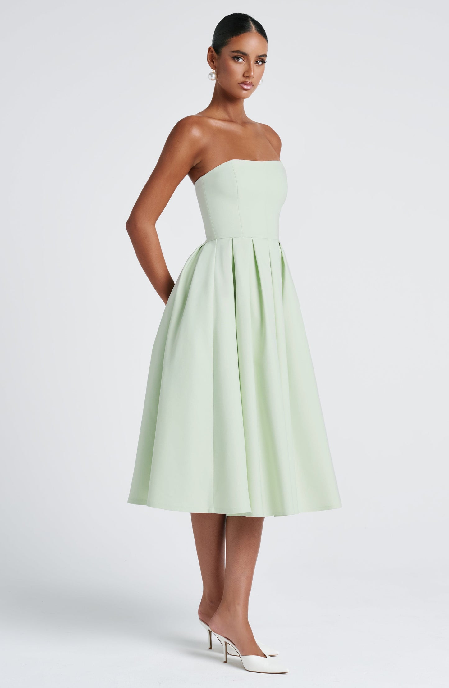 Women strapless midi dress, back view