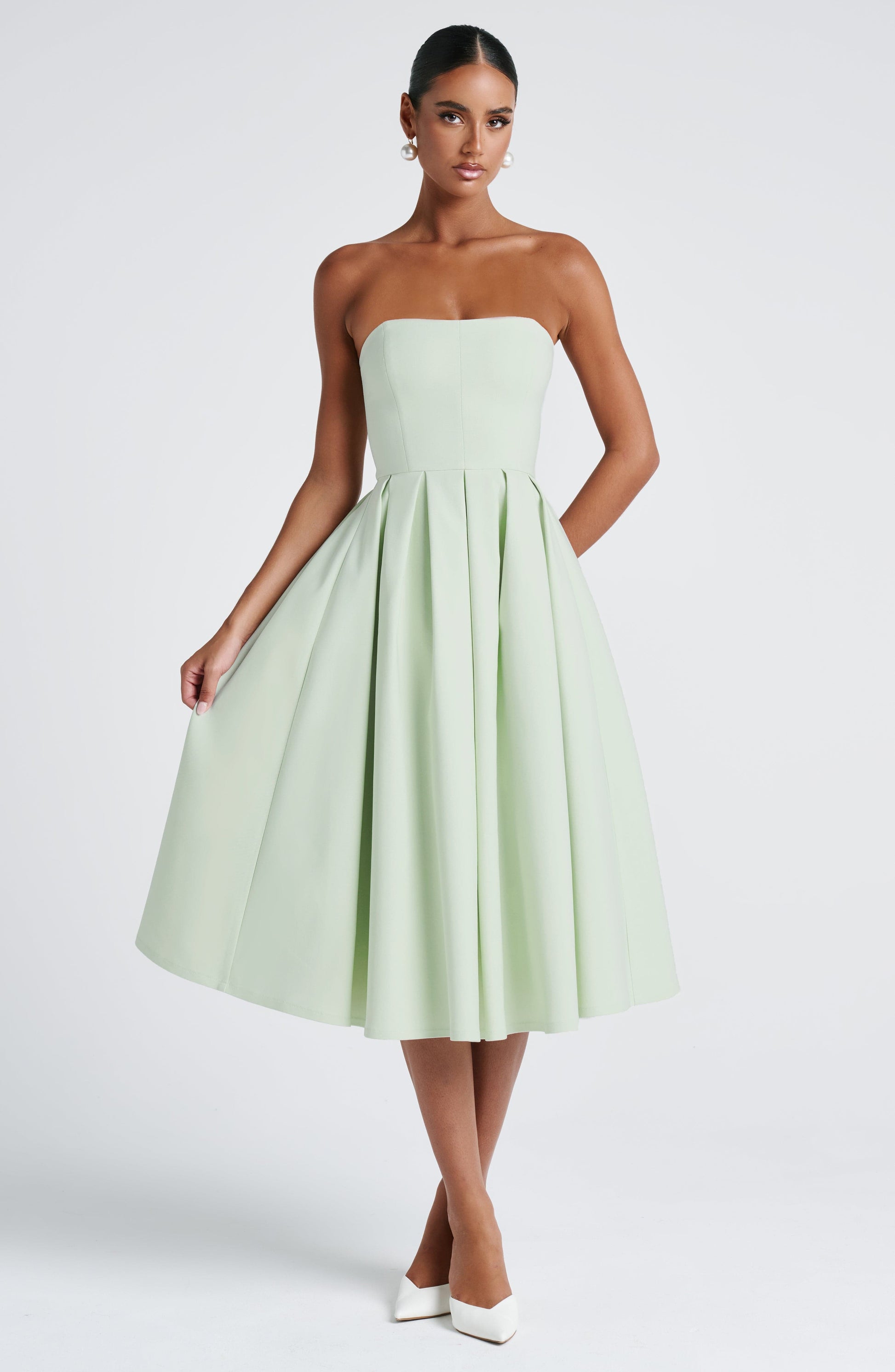 Women strapless midi dress, side view