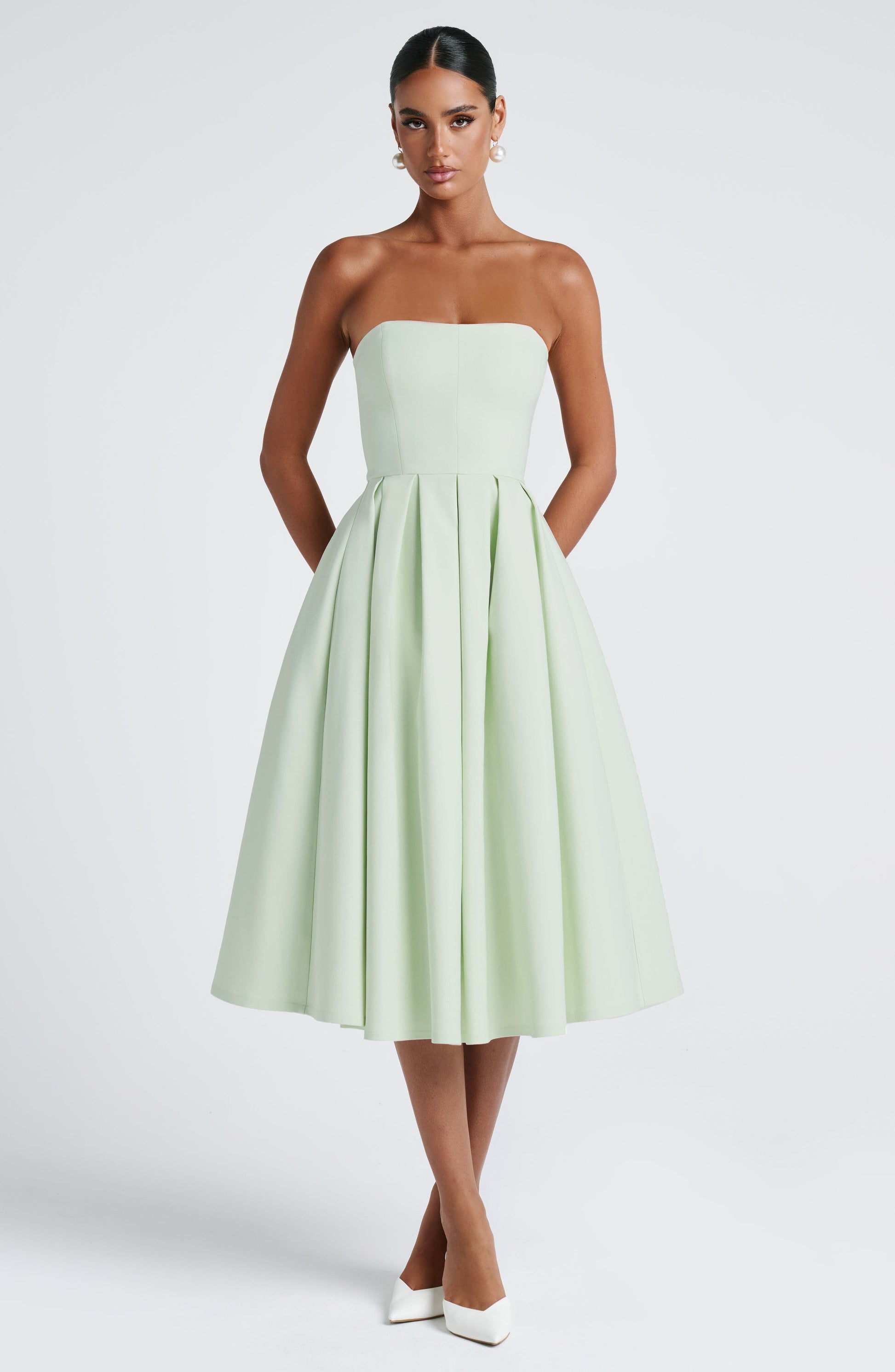 Women strapless midi dress, detail close-up