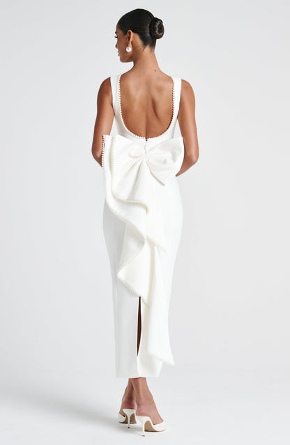 Women ivory bow maxi dress, back view