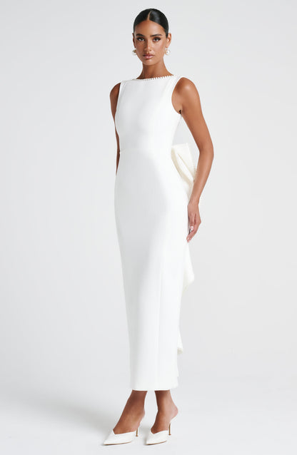 Women ivory bow maxi dress, front view