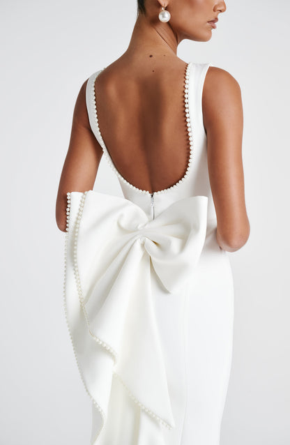 Women ivory bow maxi dress, back view