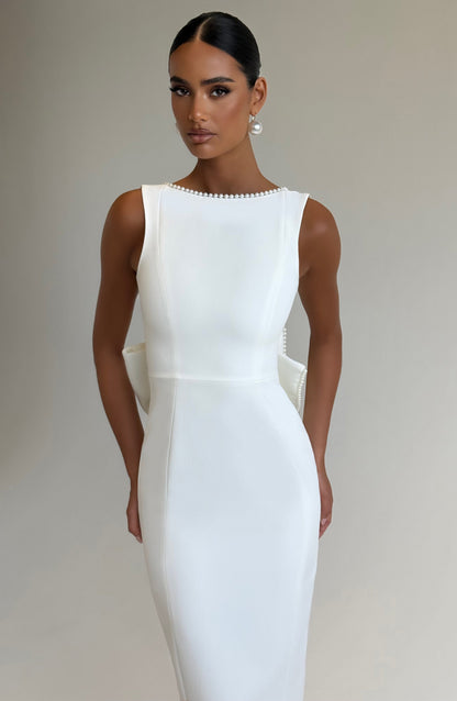 Women ivory bow maxi dress, side view