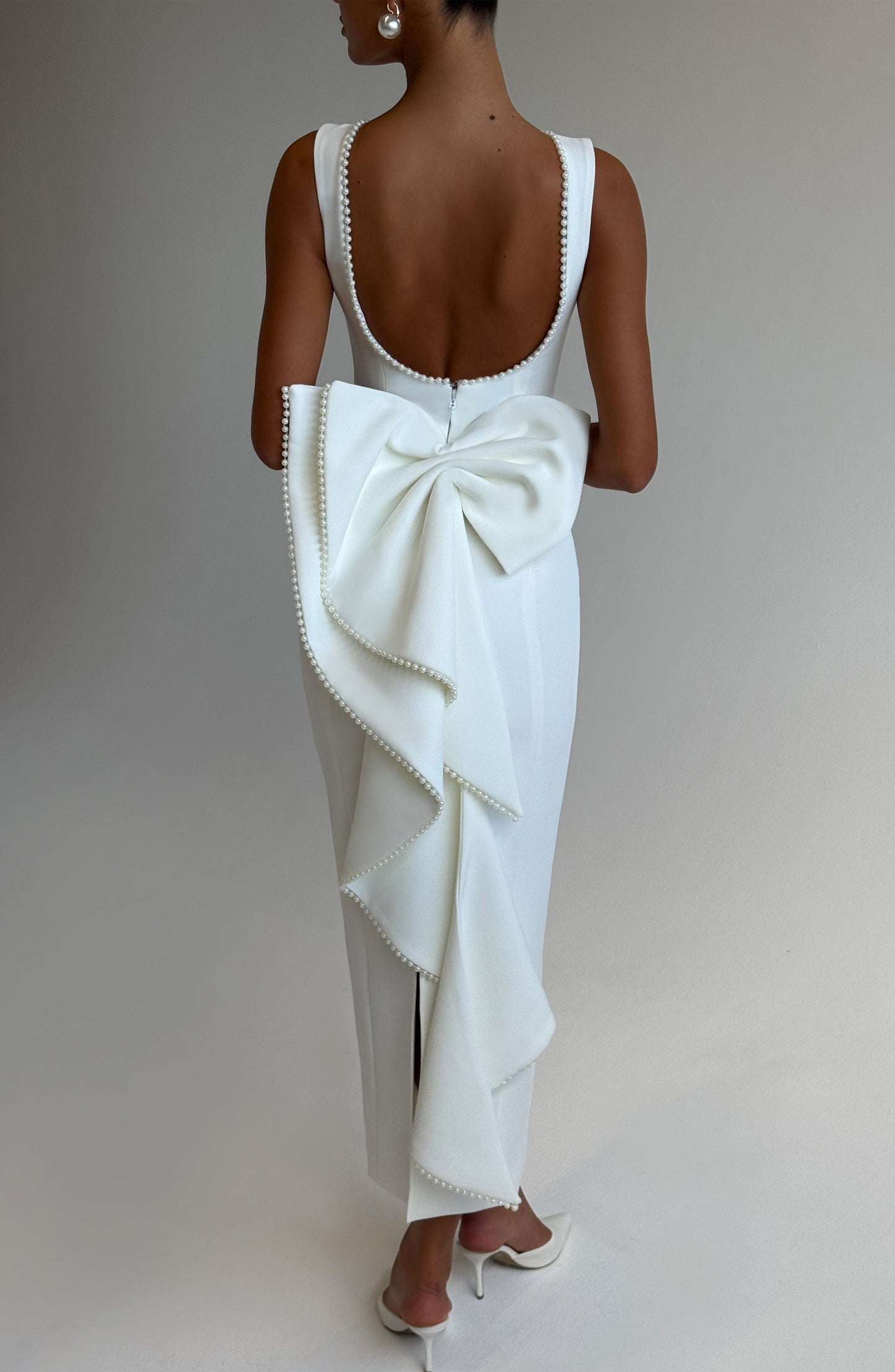 Women ivory bow maxi dress, front view