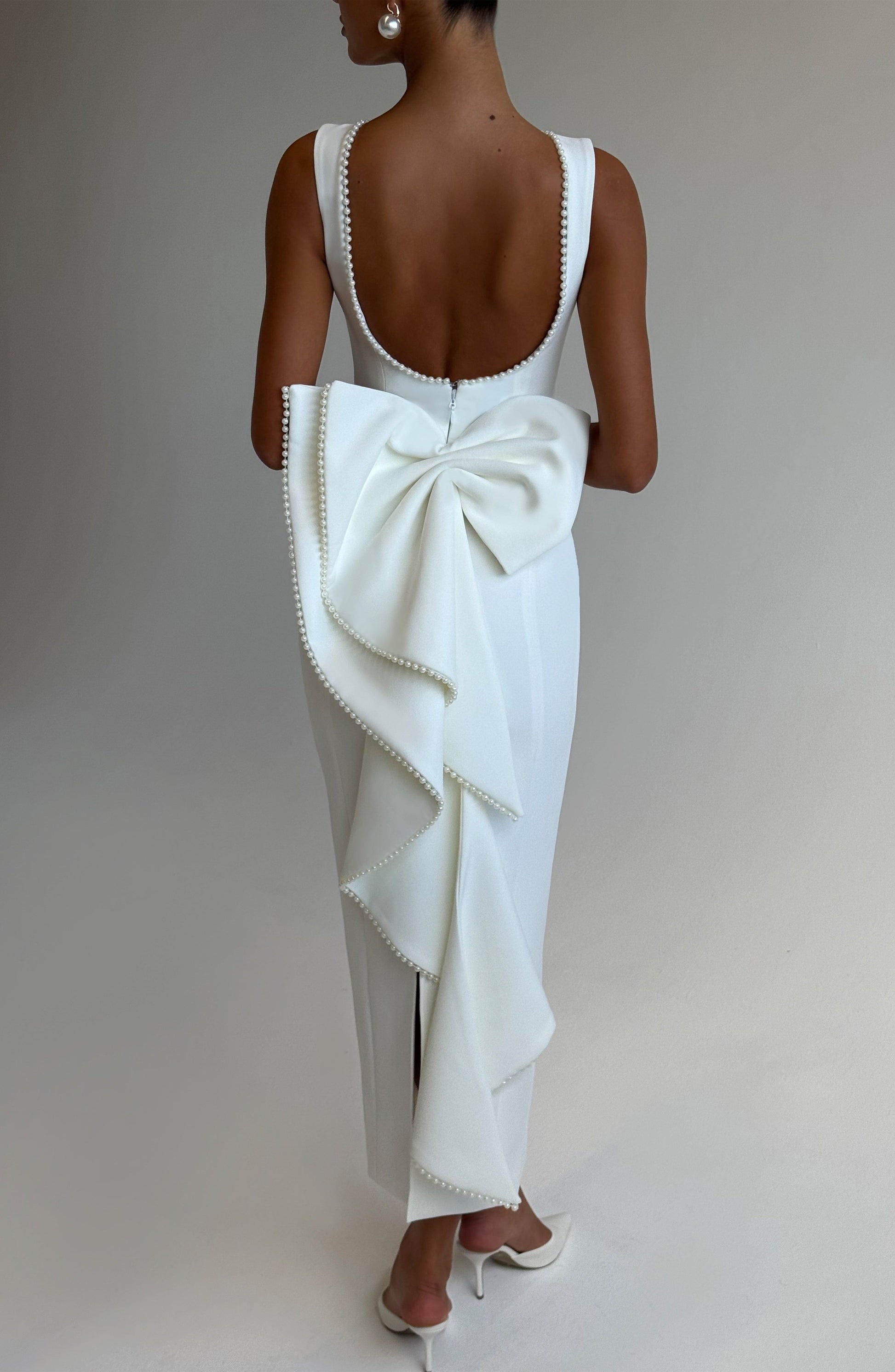 Women ivory bow maxi dress, front view