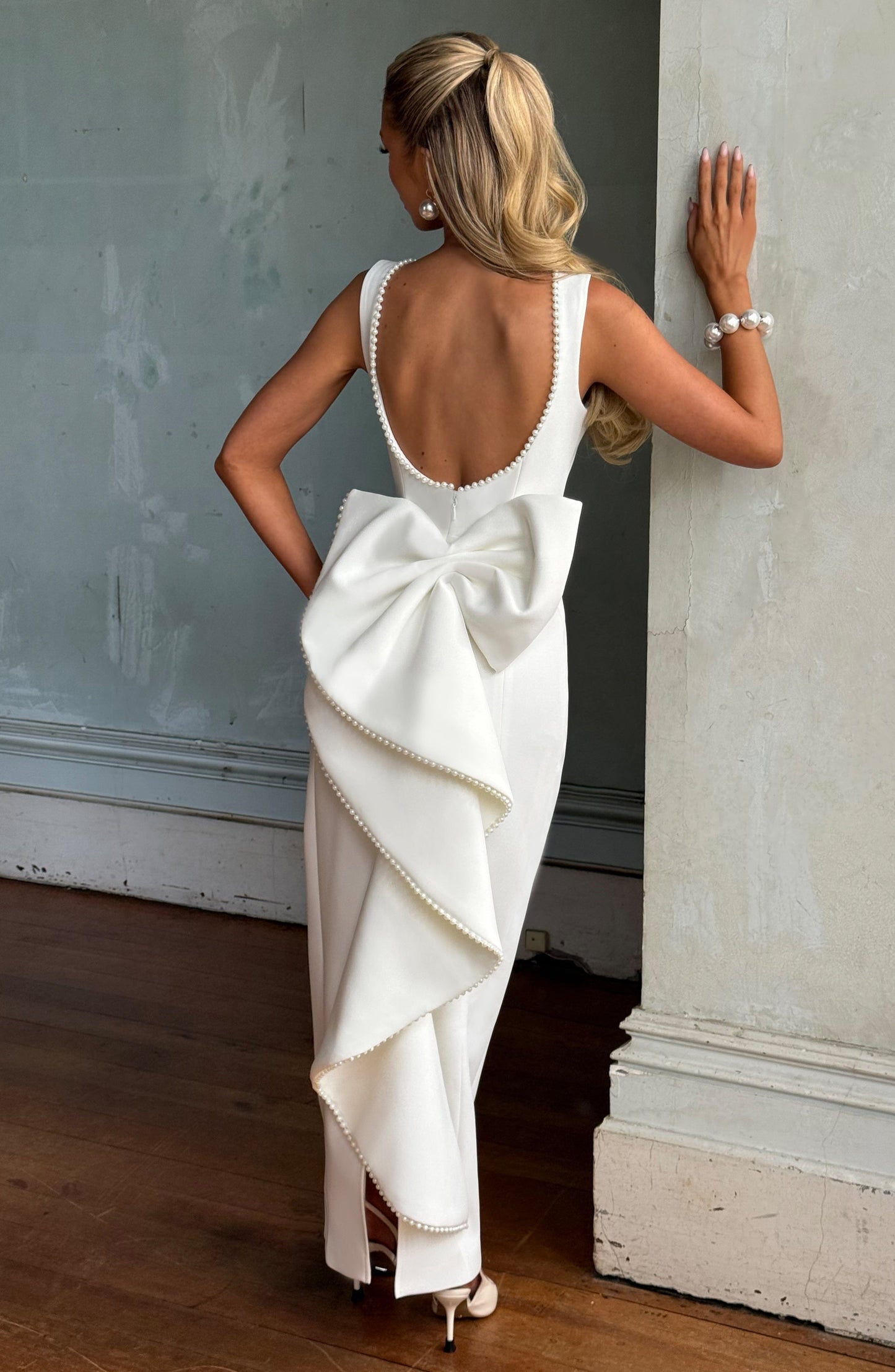 Women ivory bow maxi dress, front view