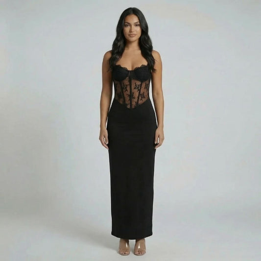 Black lace corset maxi dress with sweetheart neckline — front view showing fitted silhouette.