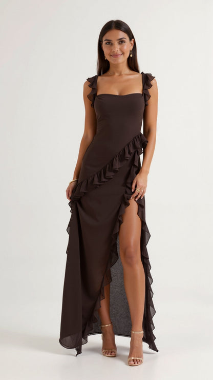 Women ruffle maxi dress, front view