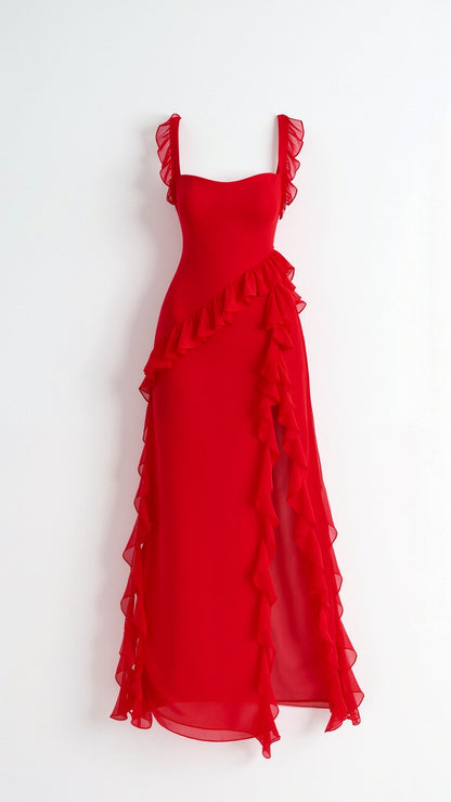 Women ruffle maxi dress, side view