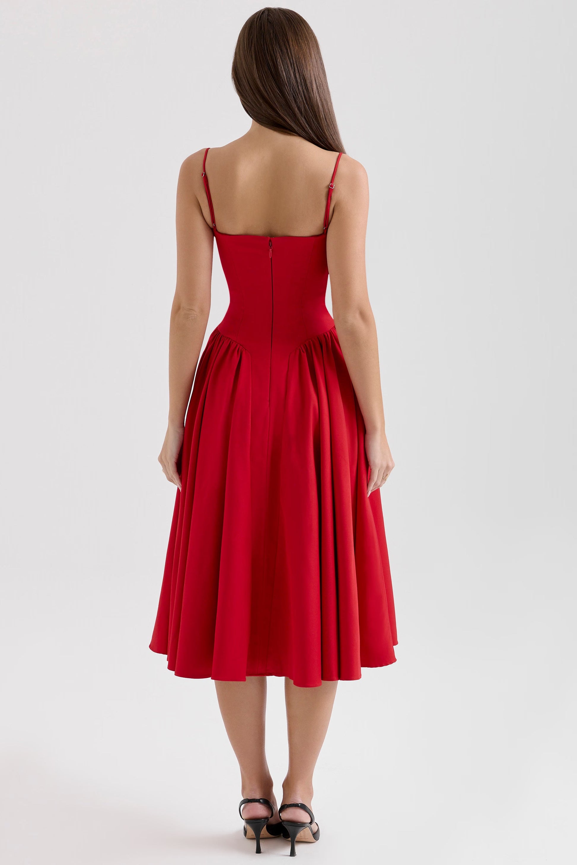 Women crimson red sweetheart midi dress, back view