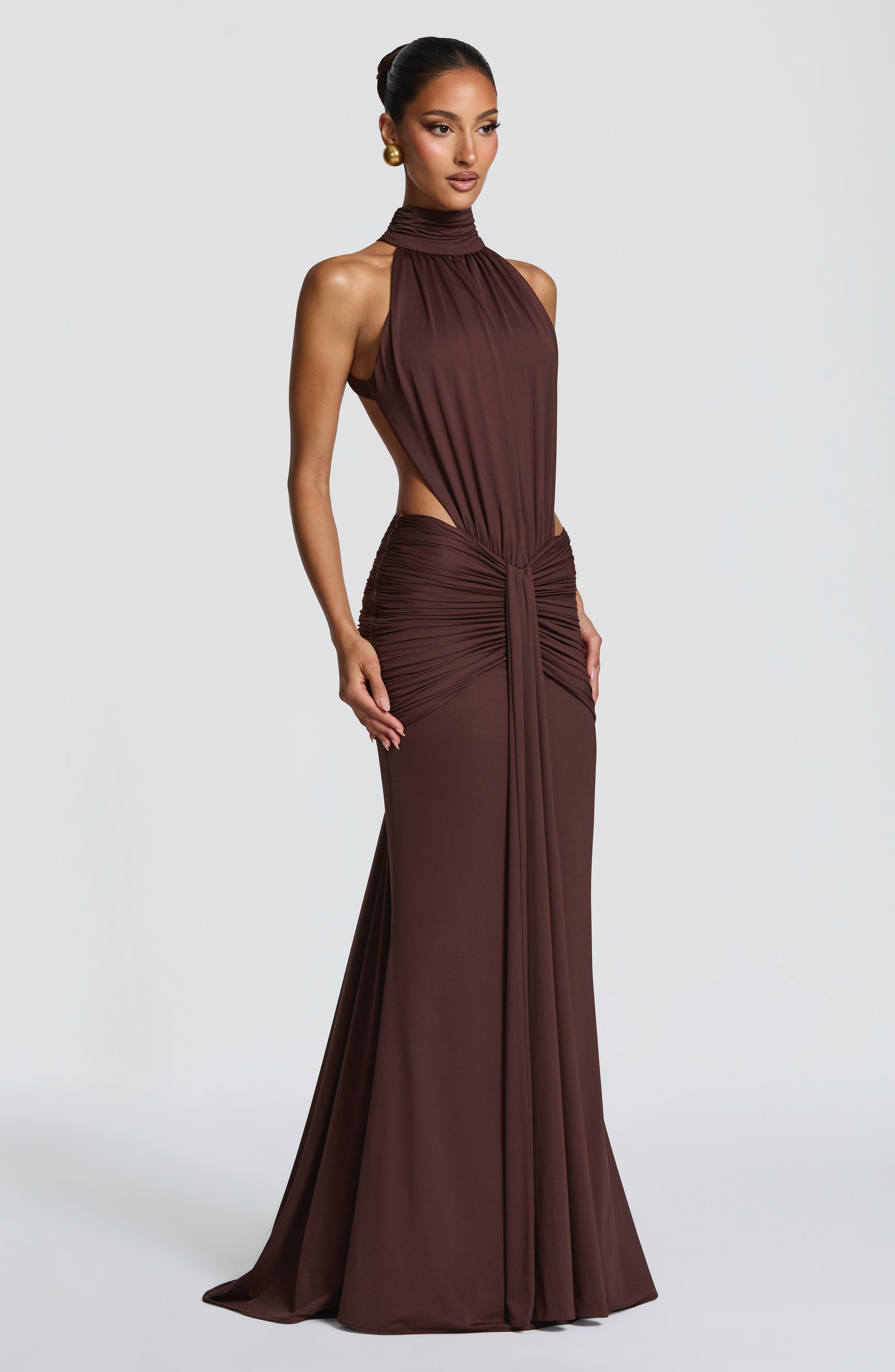 Women halter maxi dress, back view
