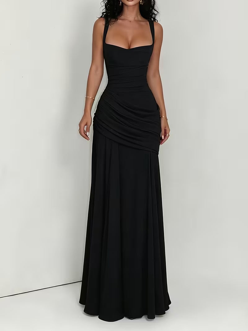 Women black ruched maxi dress with square neckline and wide shoulder straps