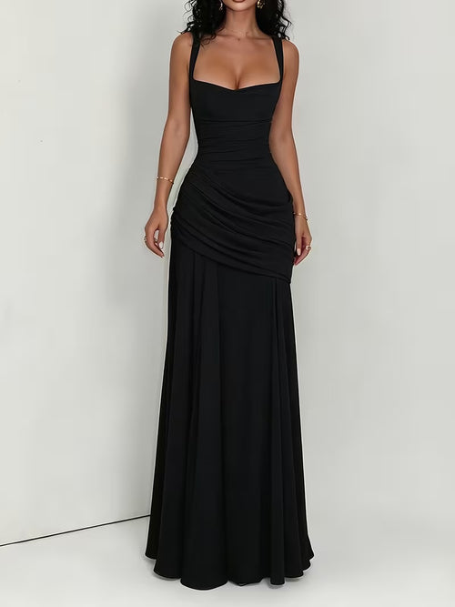 Women black ruched maxi dress with square neckline and wide shoulder straps