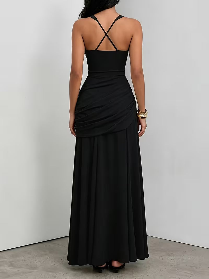 Women black ruched maxi dress with cross back straps and full floor length skirt