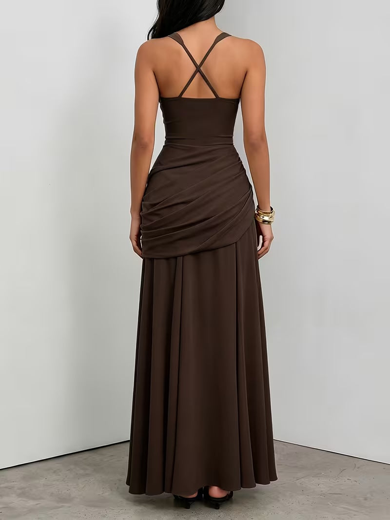 Women brown ruched maxi dress with cross back straps and full floor length skirt